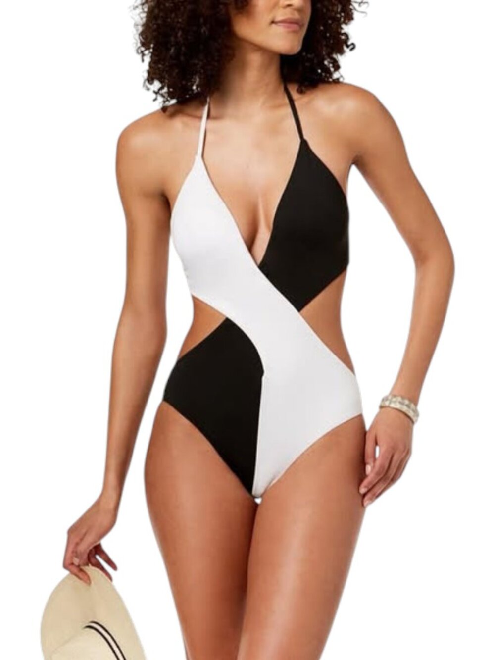 NWT Bar III Black White One-Piece Swimsuit Monokini Halter Twist Front Size L